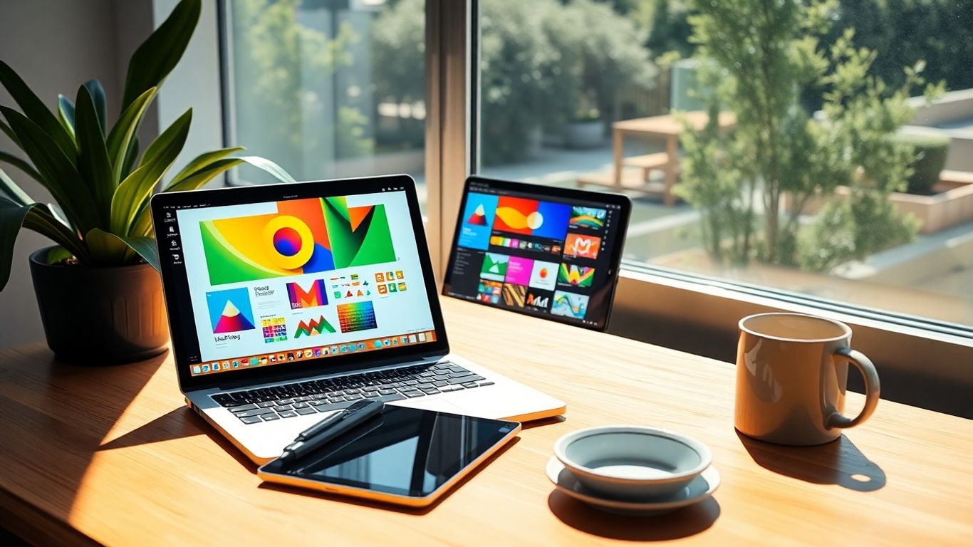 Graphic designer working on a laptop with design software.