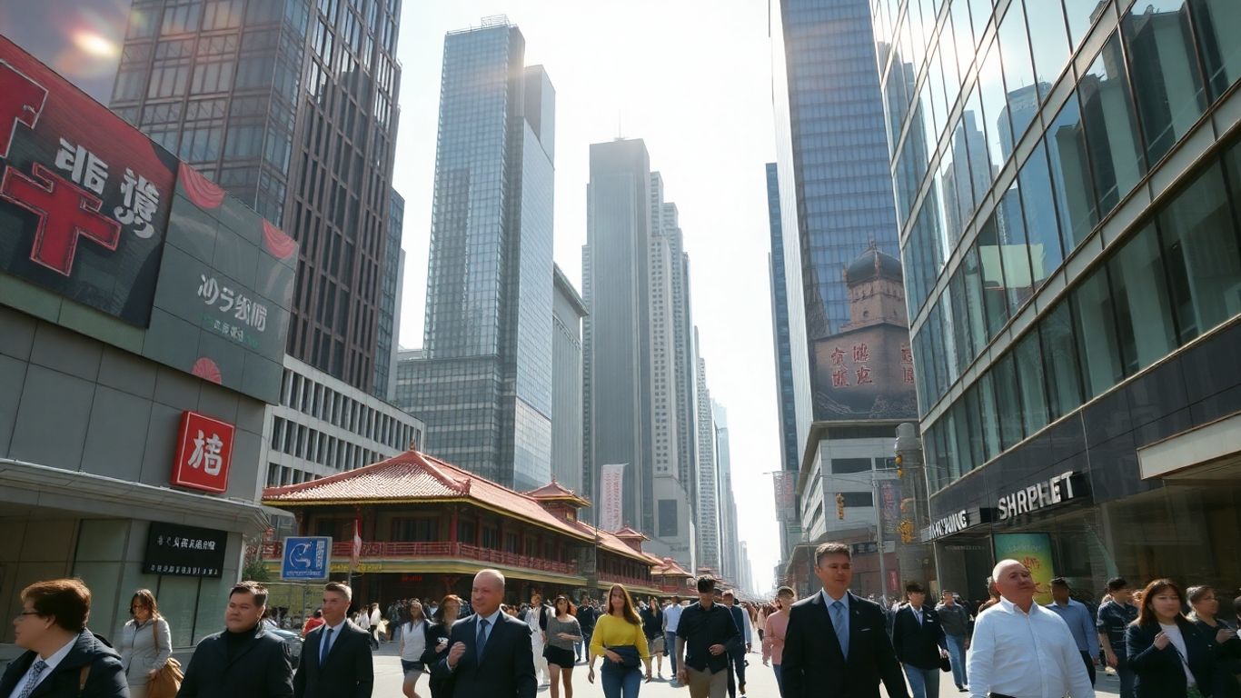Shanghai business district with skyscrapers and people.