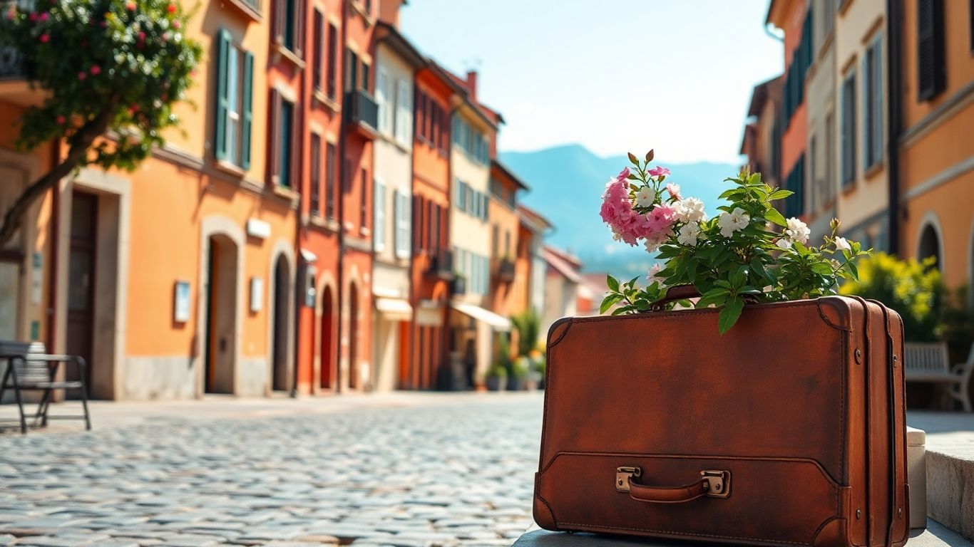 Affordable European cityscape with suitcase and flowers.