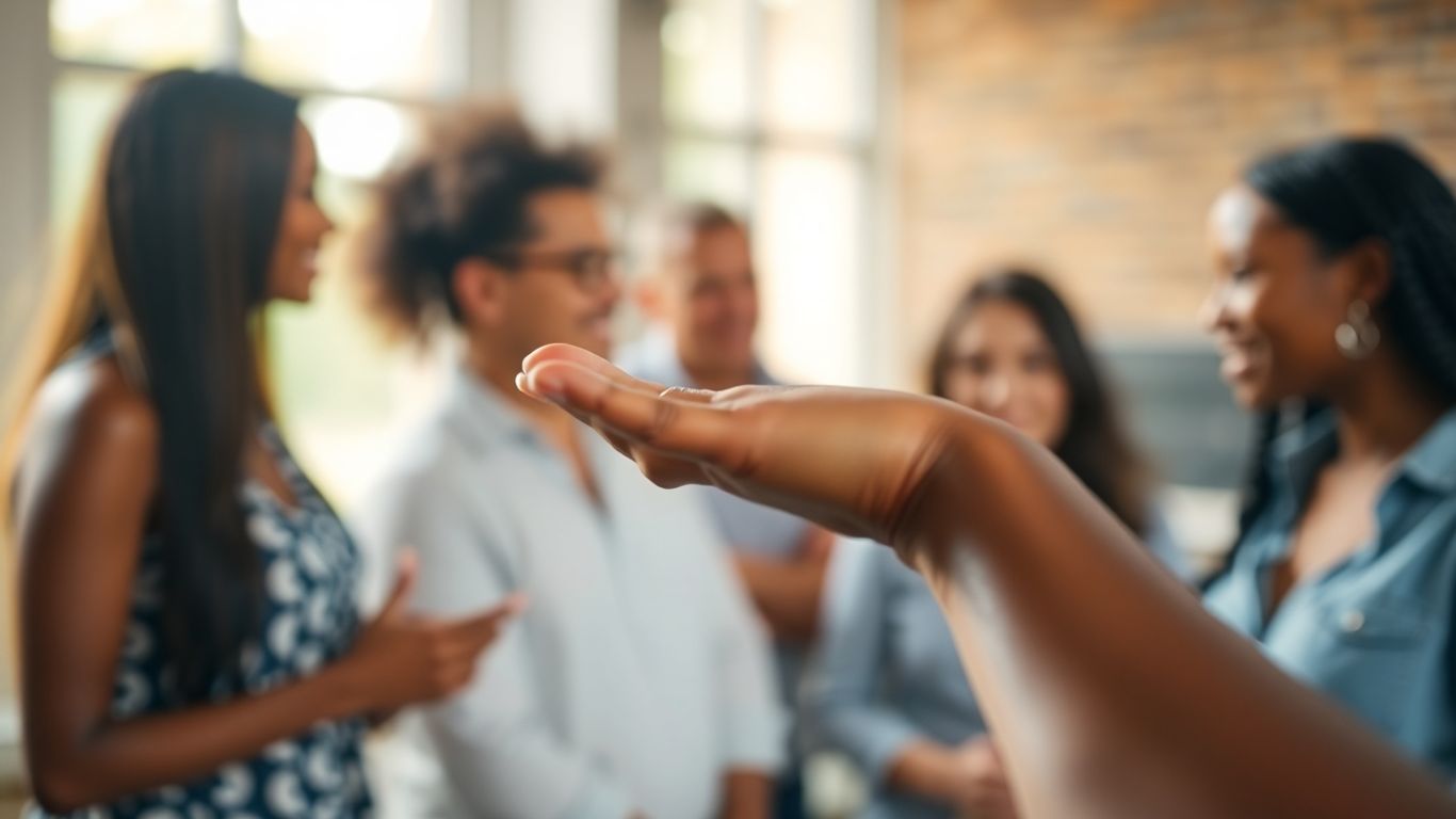 Hand reaching out to diverse group, offering support.