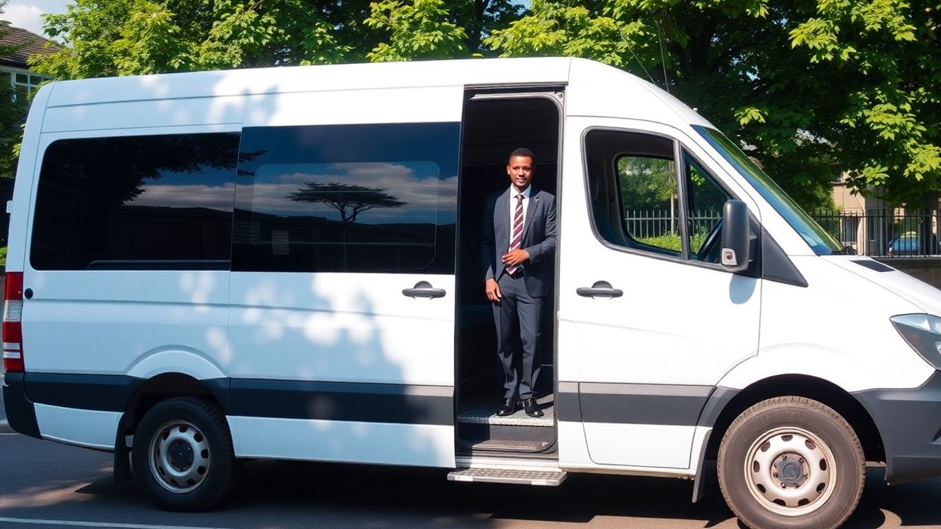 Minibus with driver ready for hire in Slough.