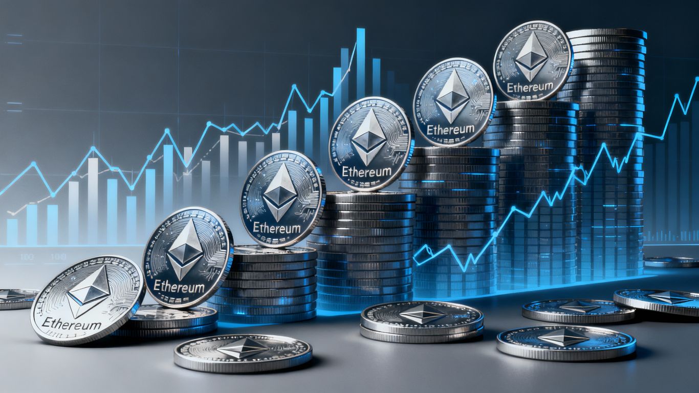 Ethereum coins with a subtle upward trend amidst market dip.