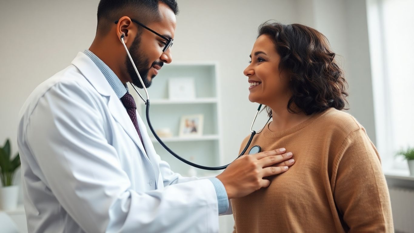 Cardiolog examinând un pacient cu stetoscopul.