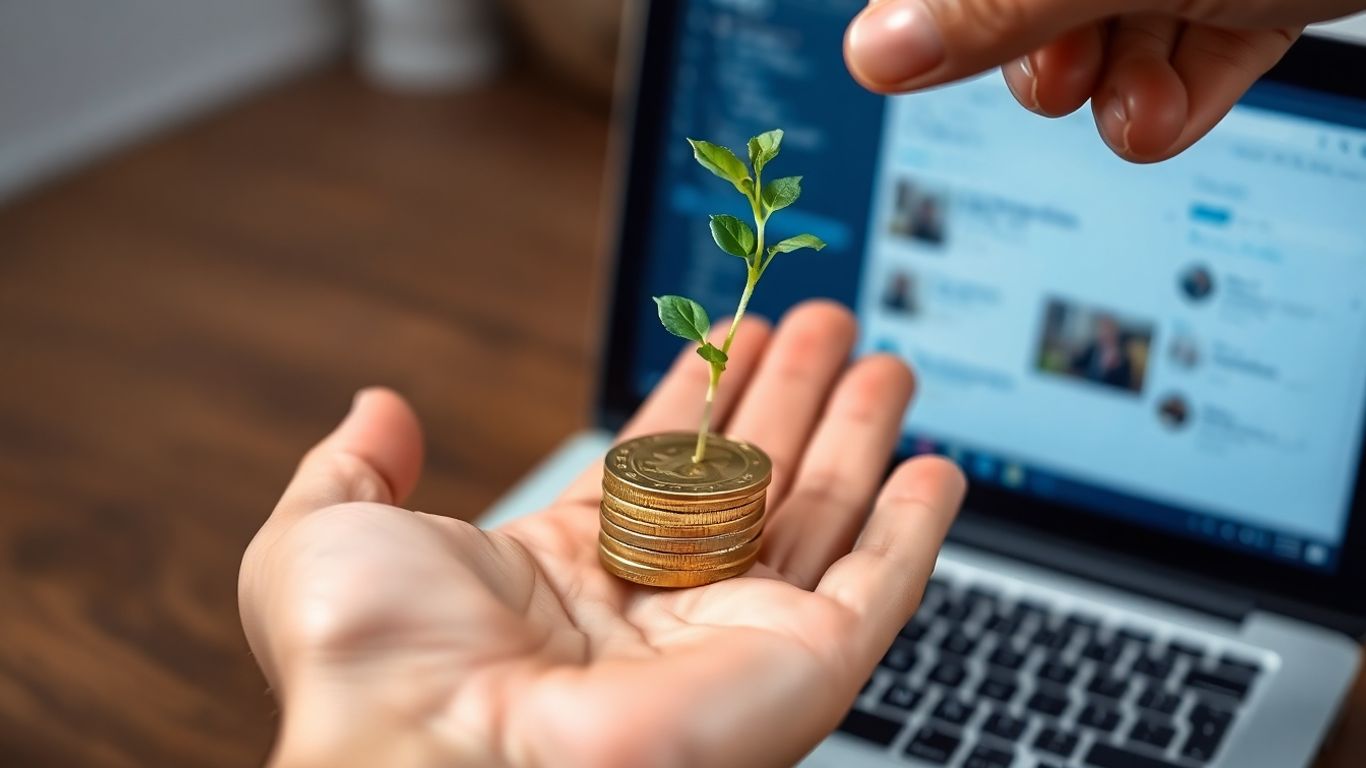 Münzen und Pflanze auf einem Laptop