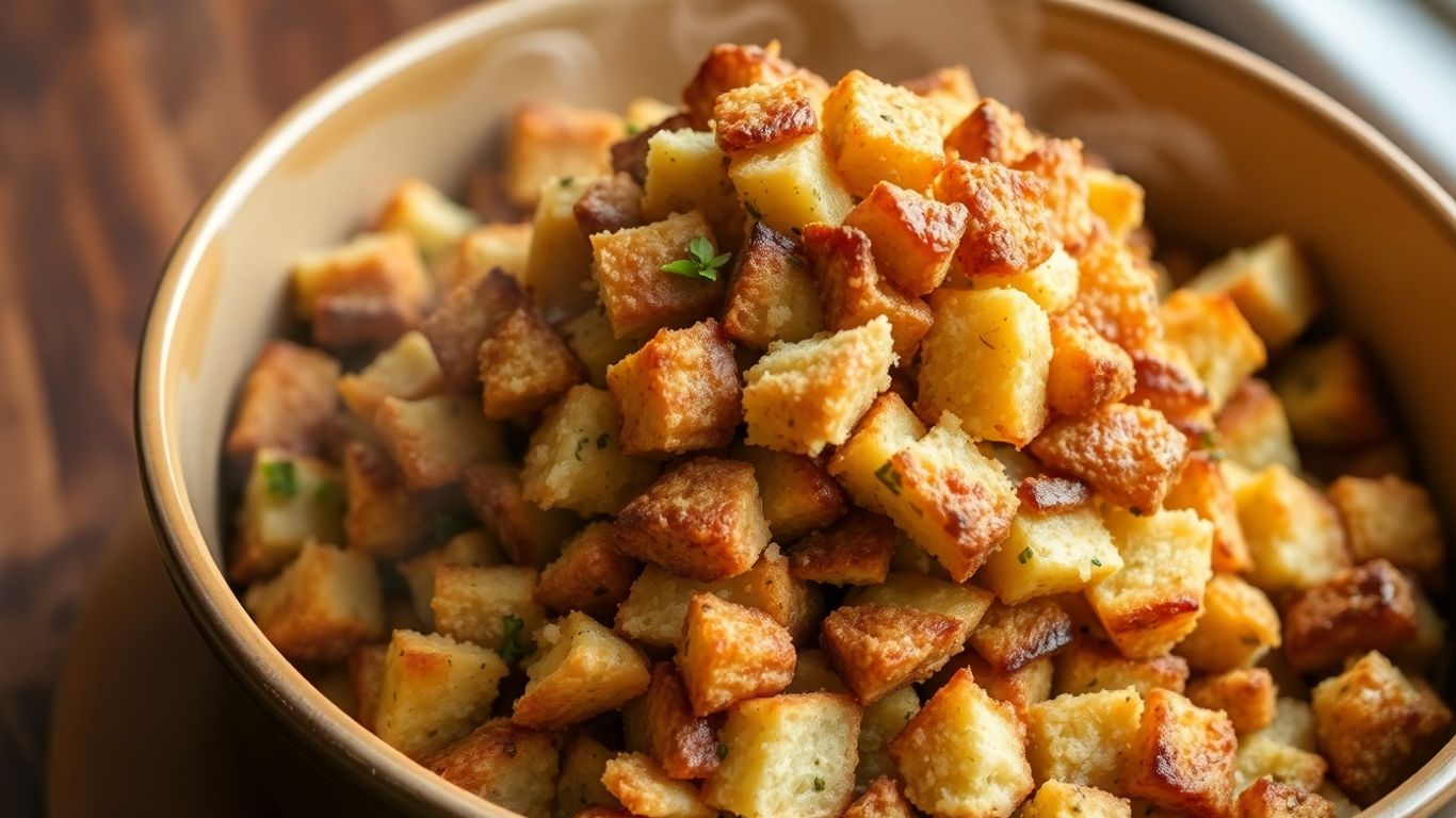 Golden sourdough stuffing in a rustic baking dish.