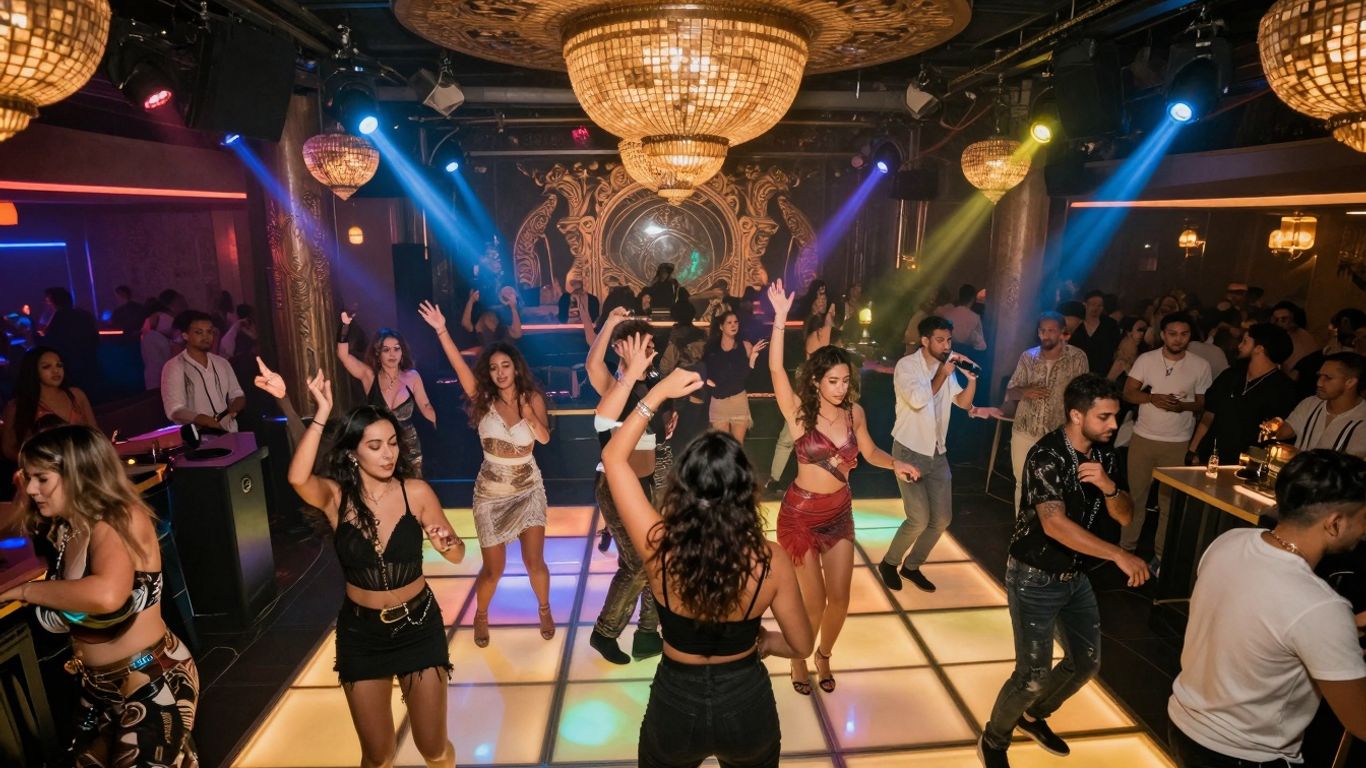 Mandala Nightclub Cabo dance floor with vibrant lights and people.