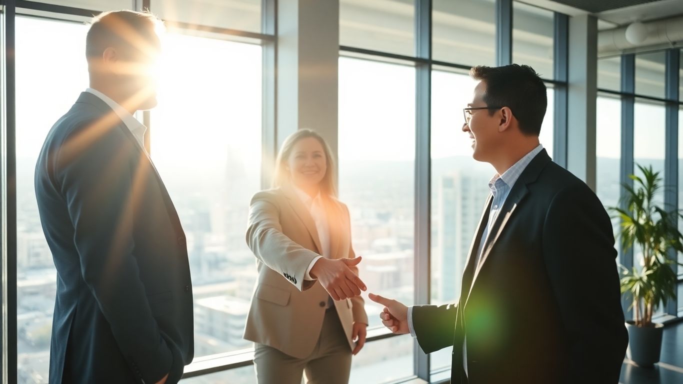 Digital marketing manager shaking hands in Sacramento office.