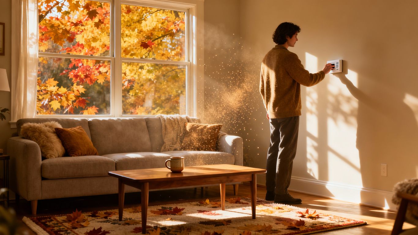 Cozy living room with autumn view and thermostat.