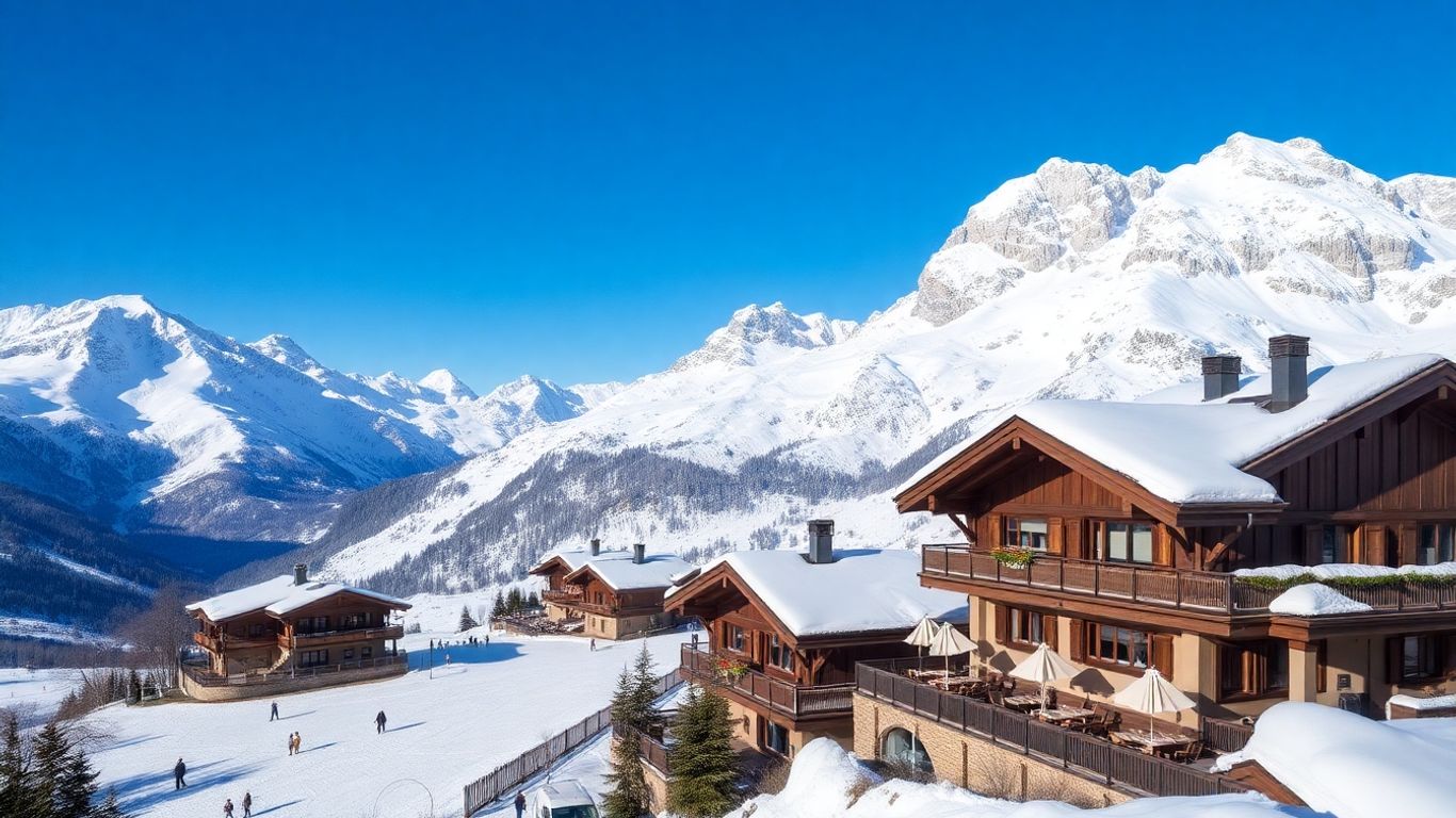 Skiers and chalets in the snowy Italian Alps