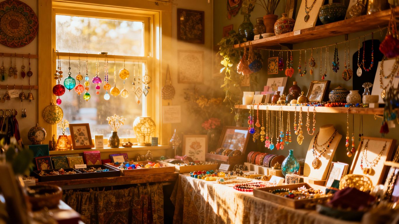 Camden gift shop interior with colourful trinkets.