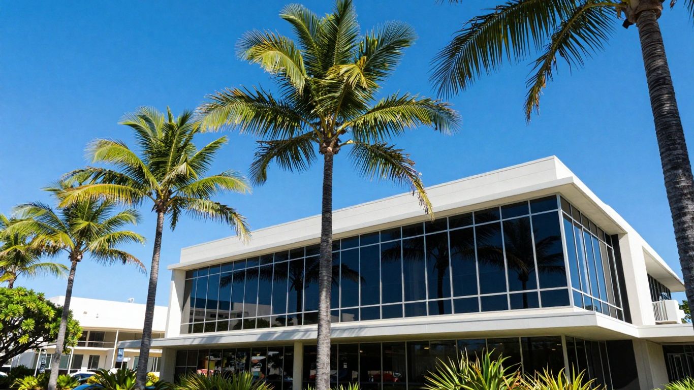 Queensland coastline with modern office building and palm trees.