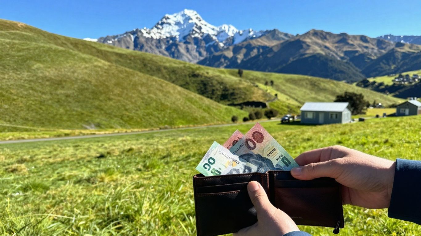 New Zealand landscape with person looking at money.
