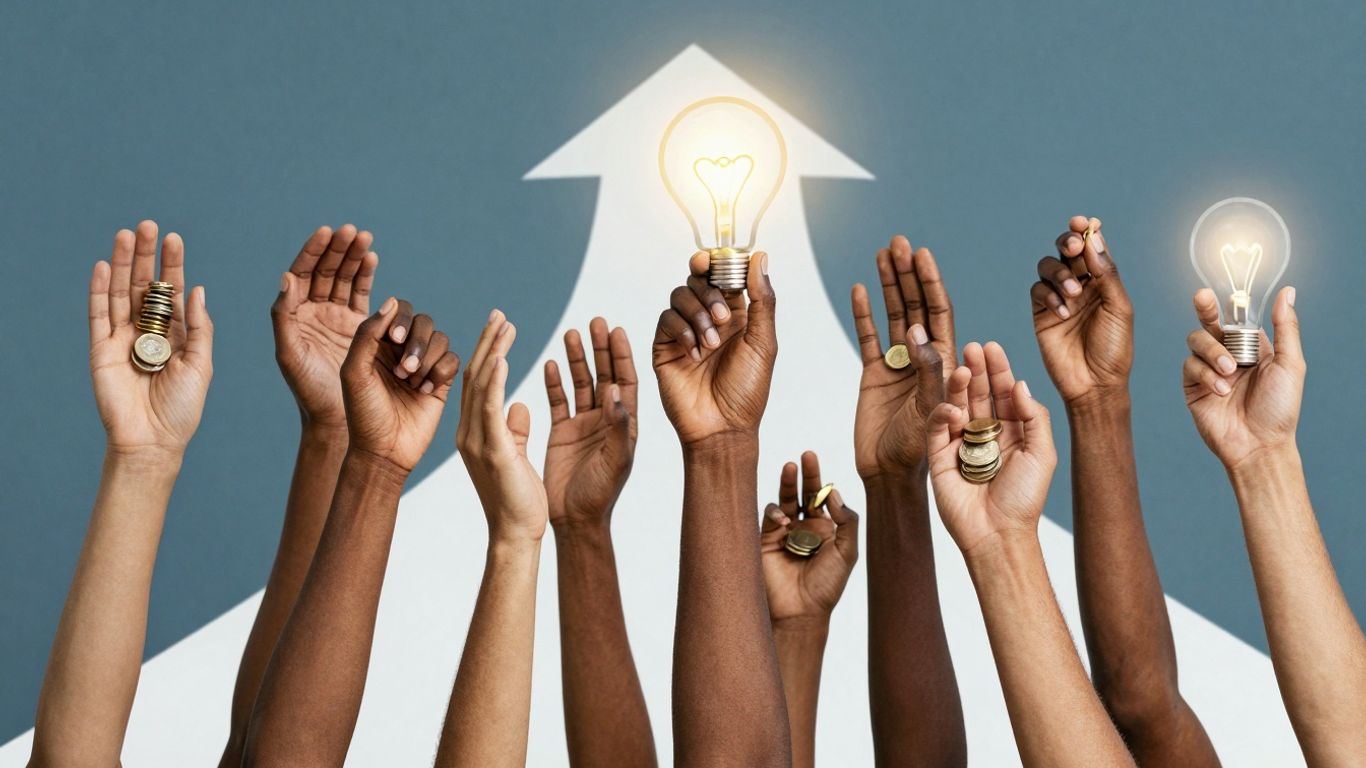 Crowdsource funding. Hands reaching for glowing coins and ideas.