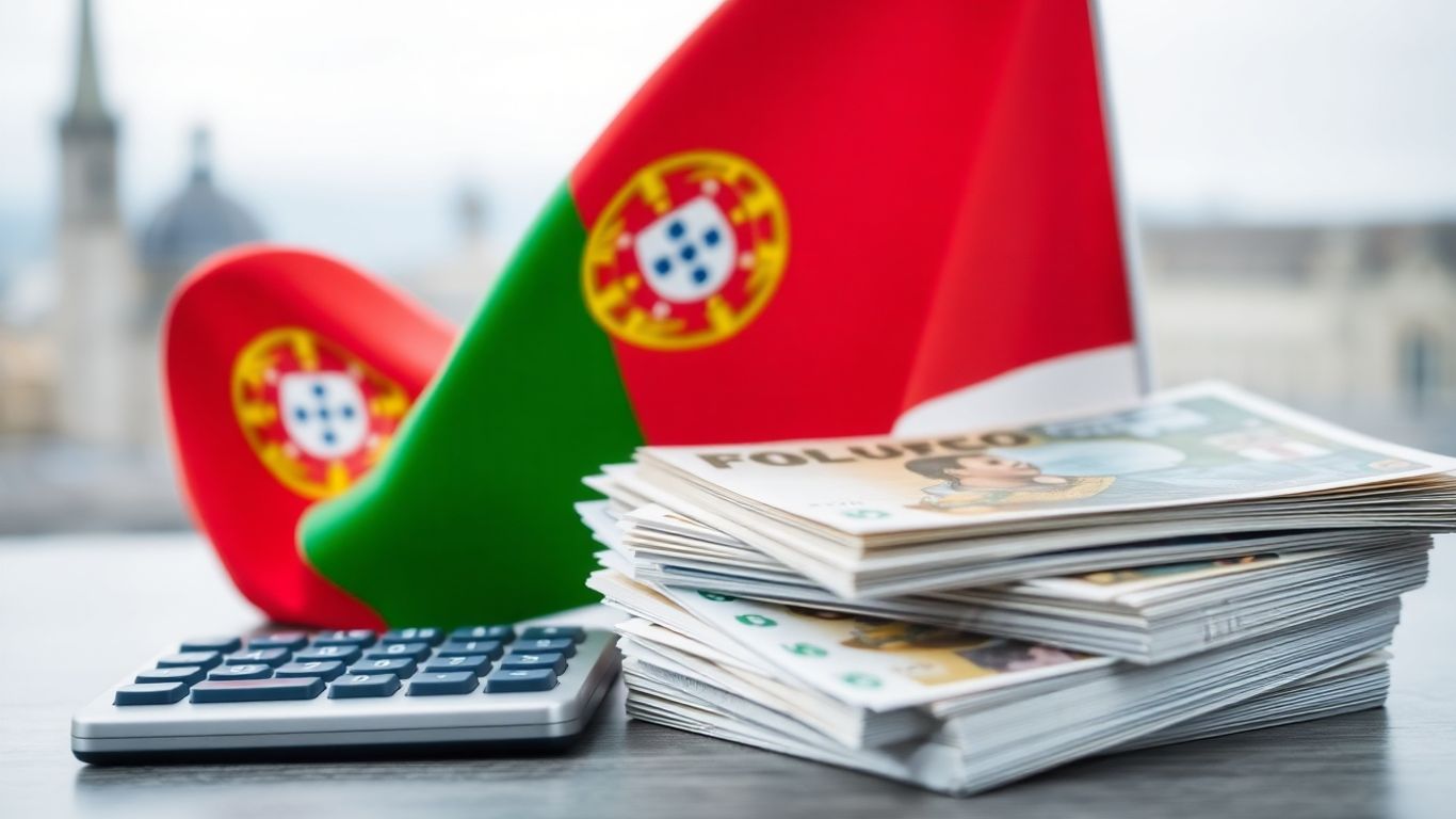 Bandeira de Portugal com calculadora e notas de euro.