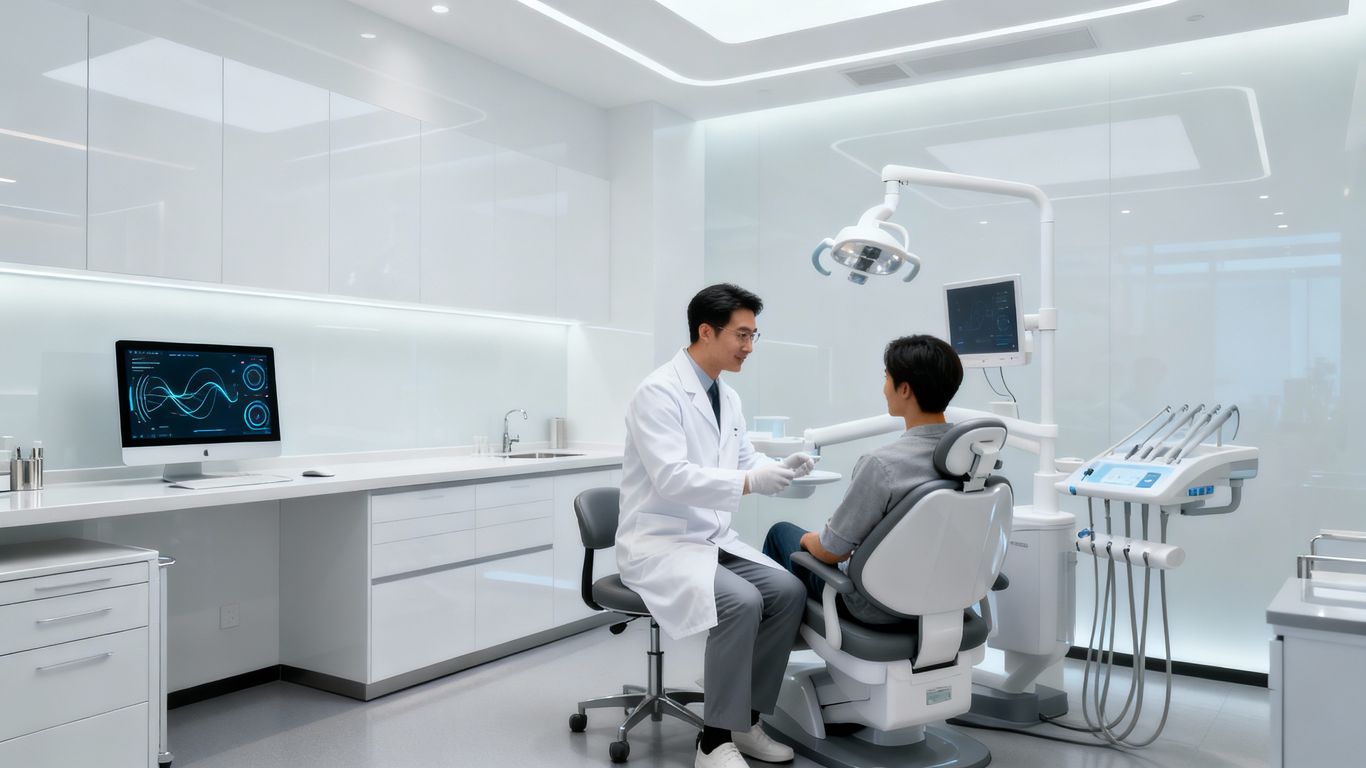 Dentist and patient in modern office
