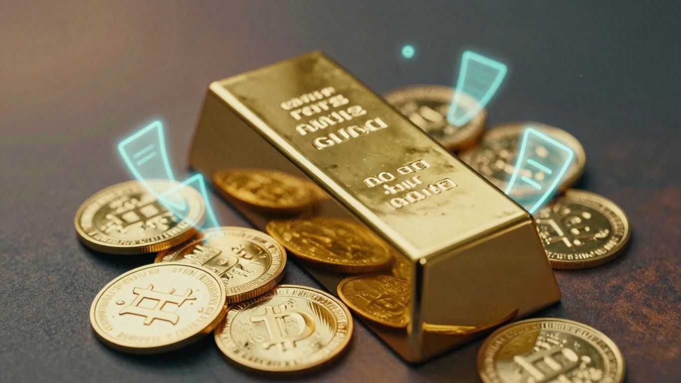 带有浮动数字代币的金条。