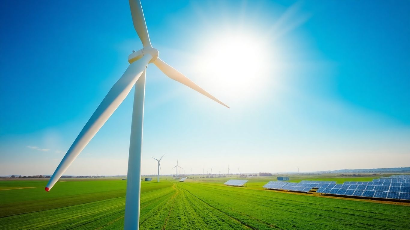 Turbine eoliene și panouri solare sub cerul albastru.