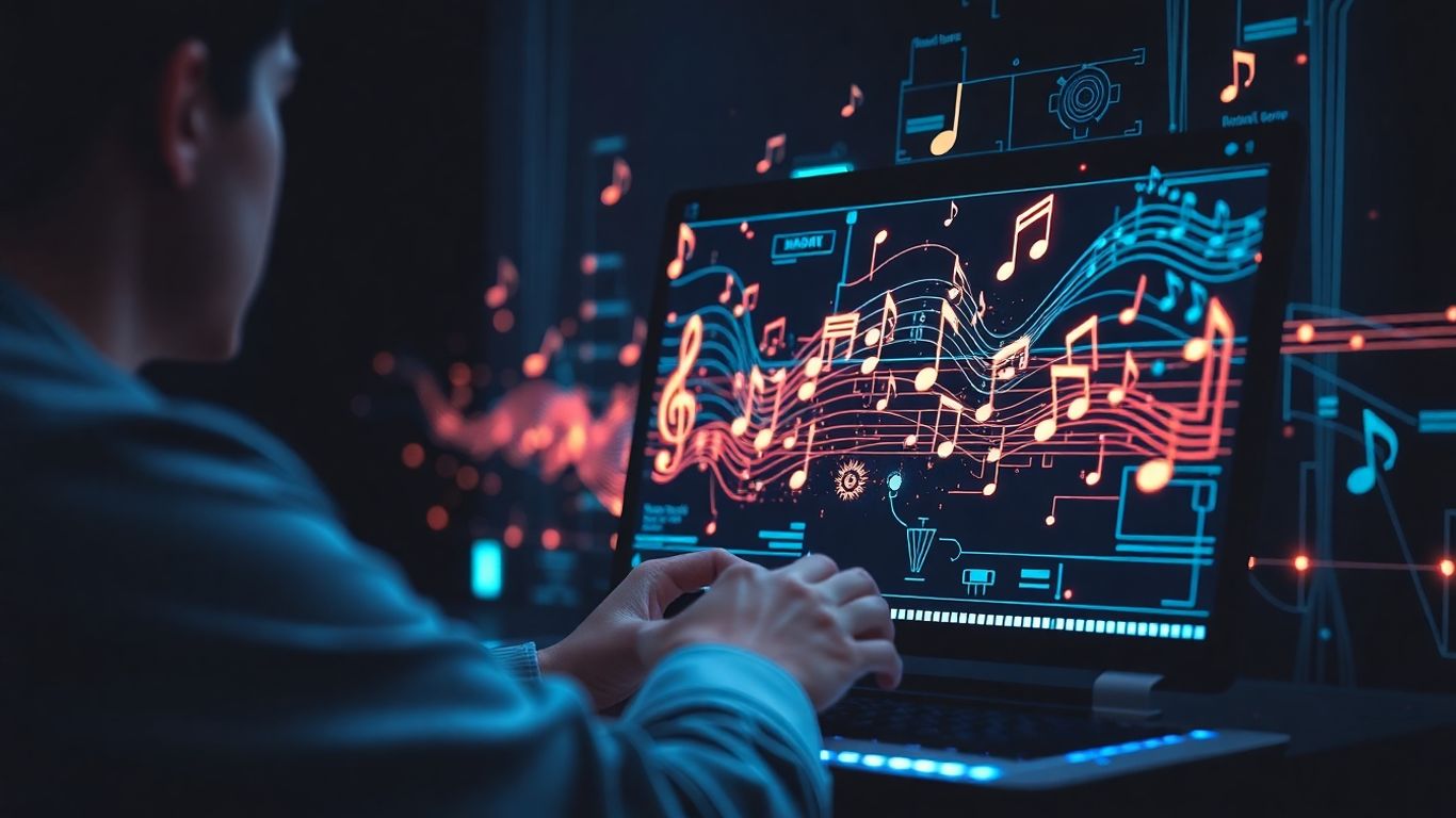 AI music creation interface with abstract sound waves.