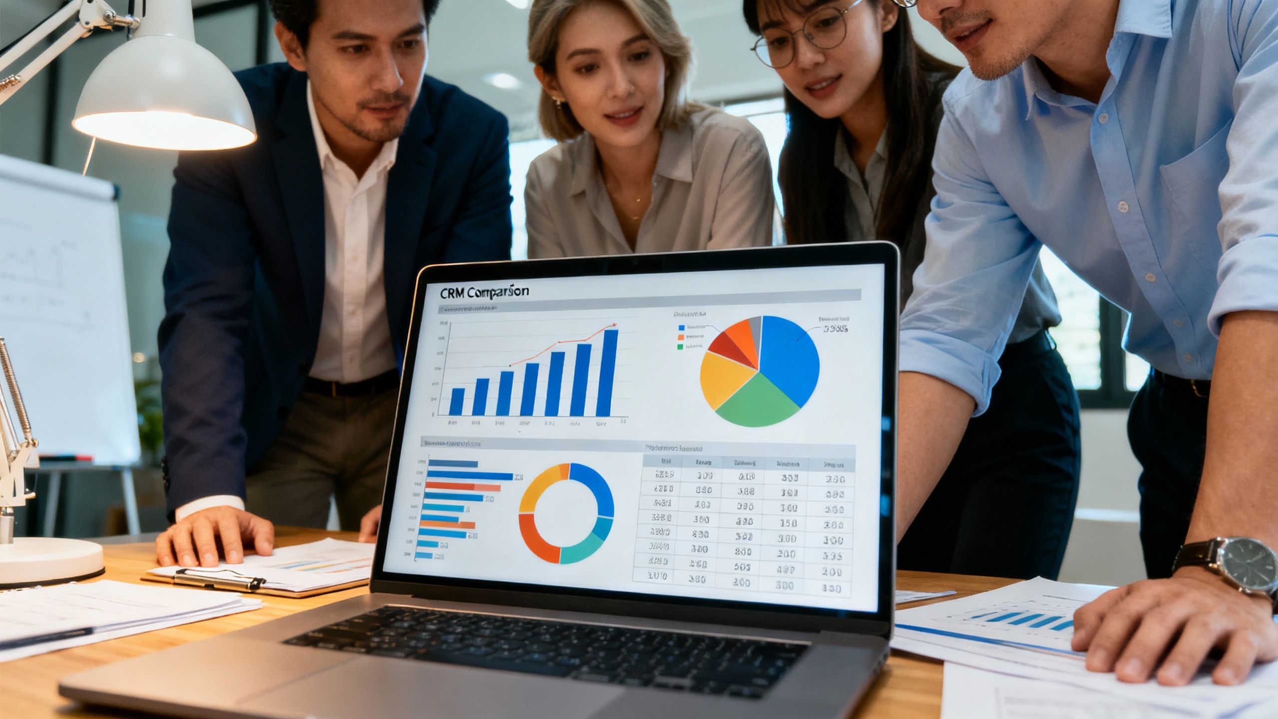 Business team analyzing CRM comparison charts on a laptop