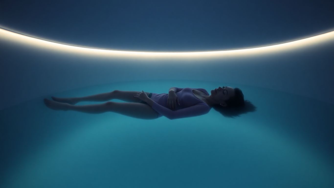 Personne flottant dans un caisson sensoriel sombre et paisible.