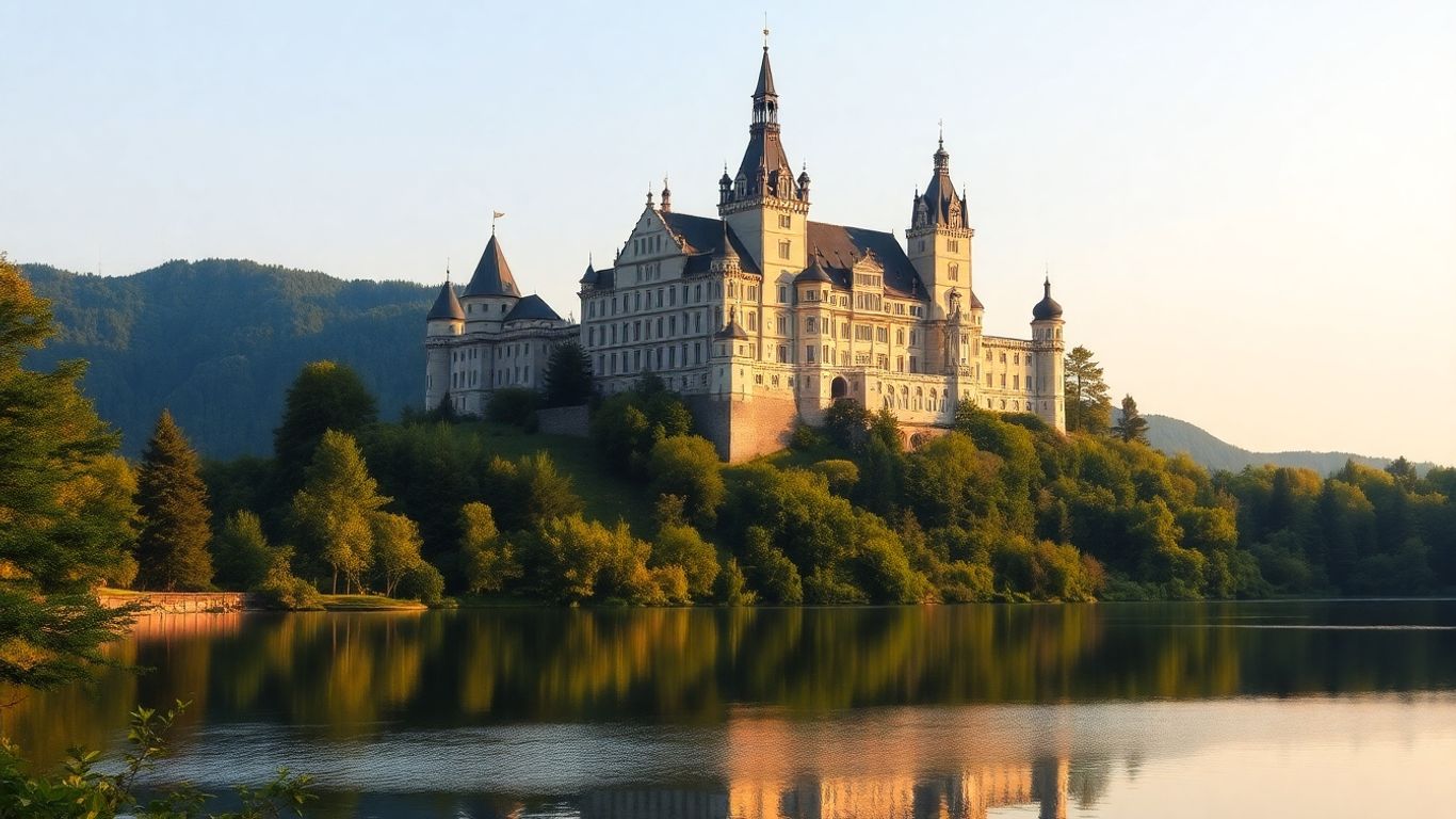 Majestätisches Schloss in Europa mit See und Wald