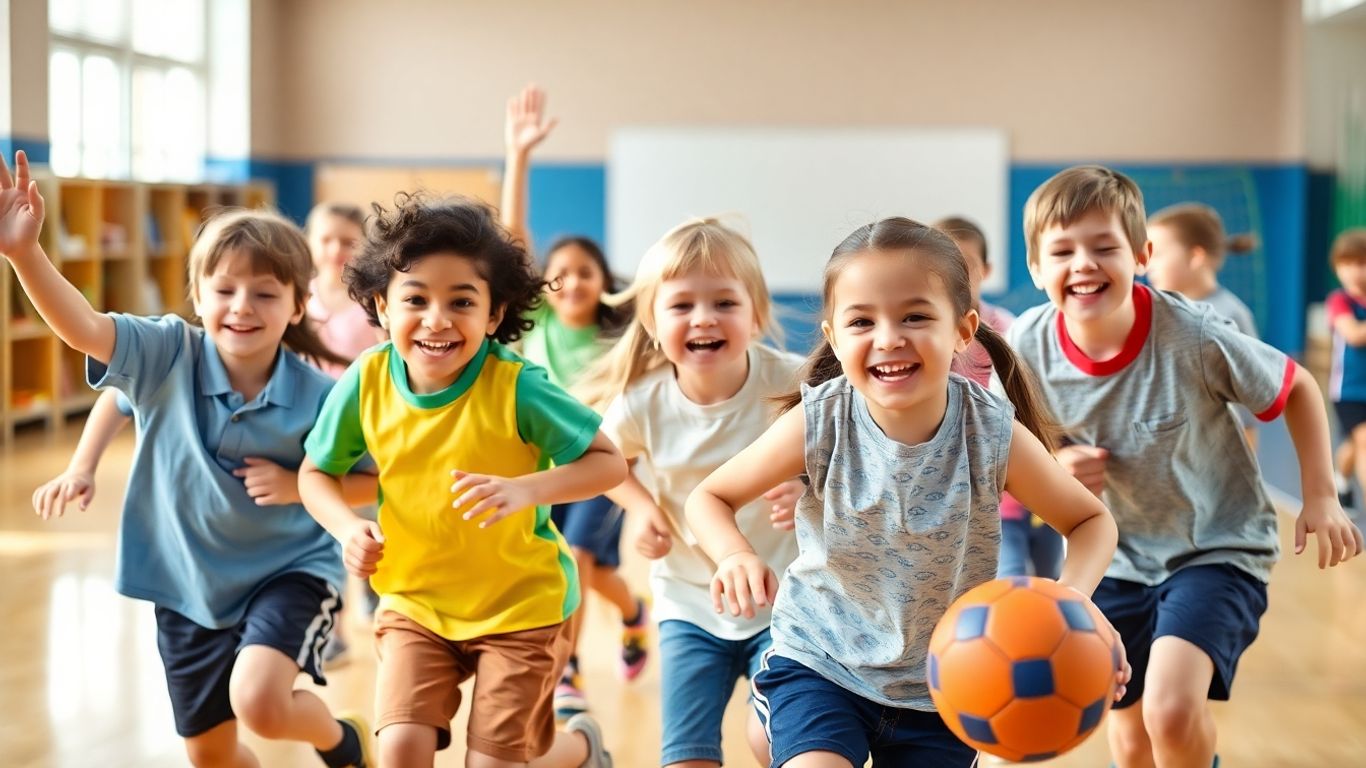 Grundschulkinder spielen verschiedene sportarten mit freude