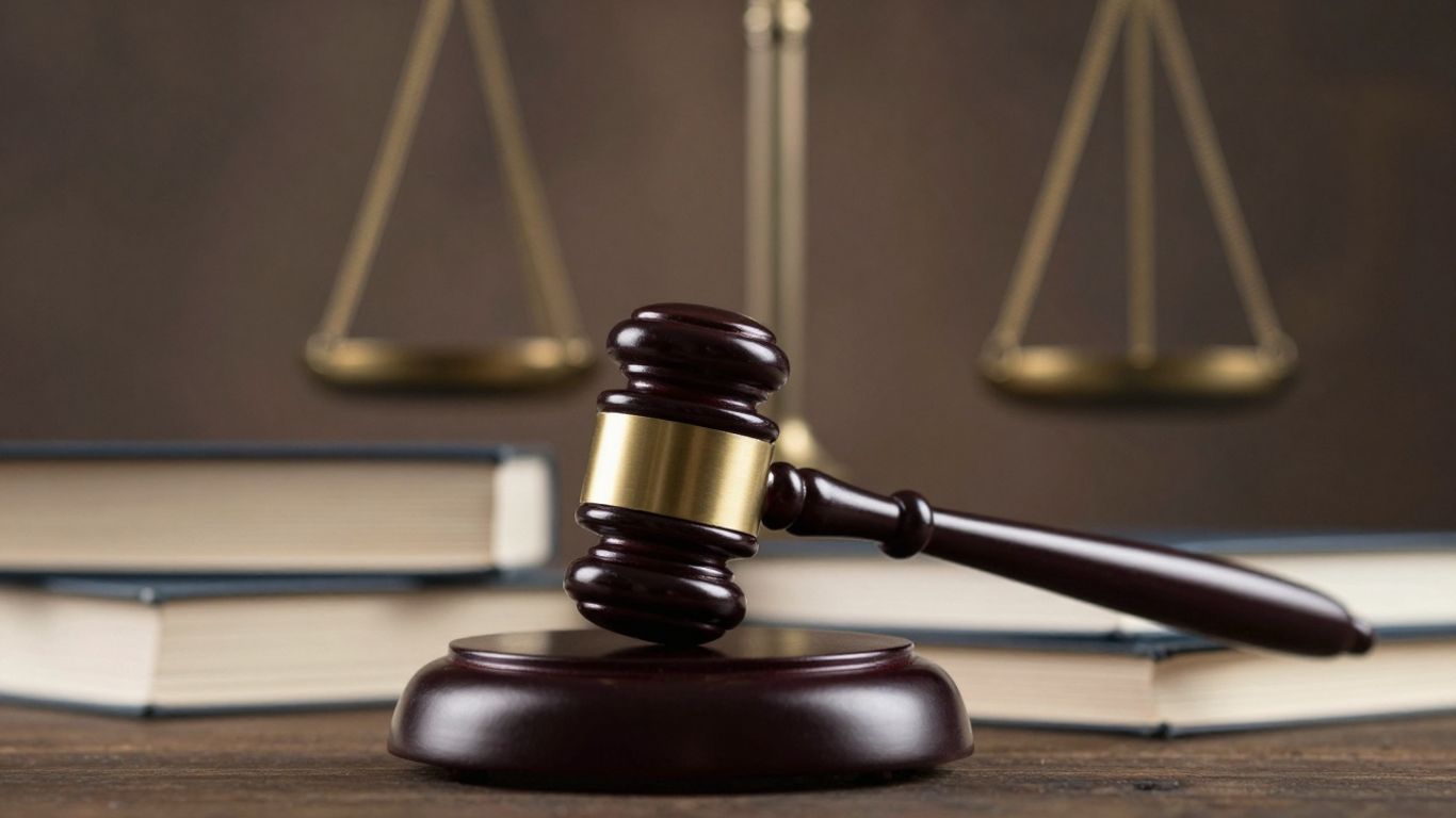 Gavel, law books, and scales of justice in a courtroom.