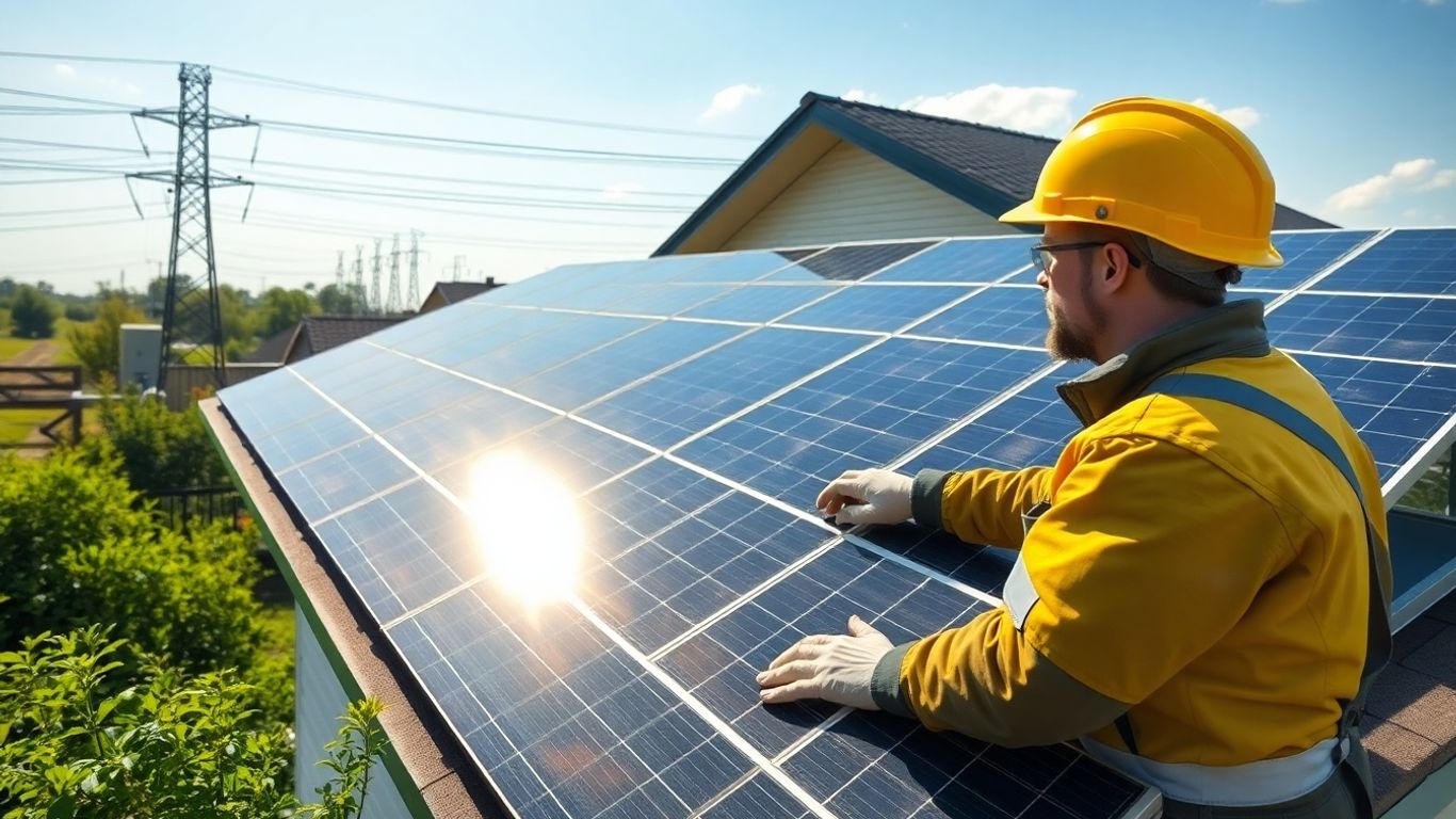 Maison avec panneaux solaires et technicien pour raccordement Enedis.