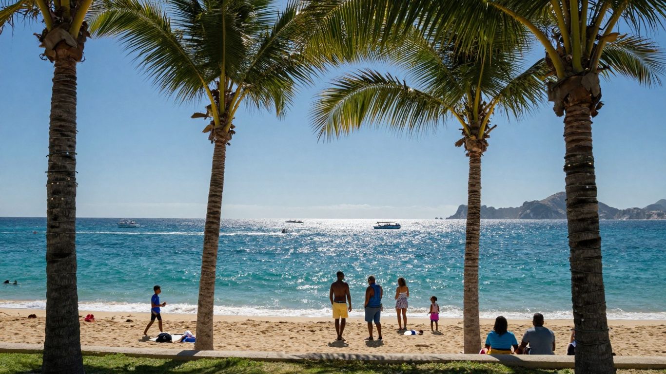 Cabo beach during Christmas with palm trees and ocean.