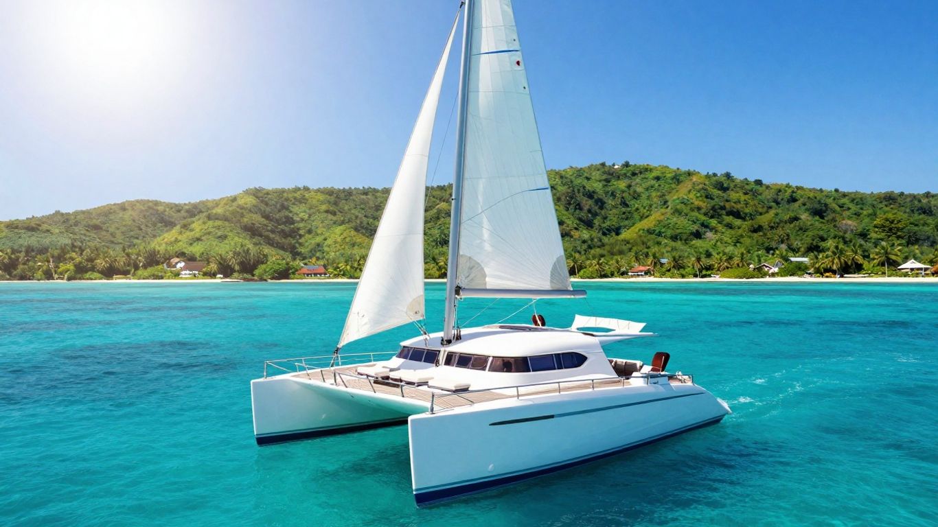Luxury catamaran sailing on turquoise water near island.
