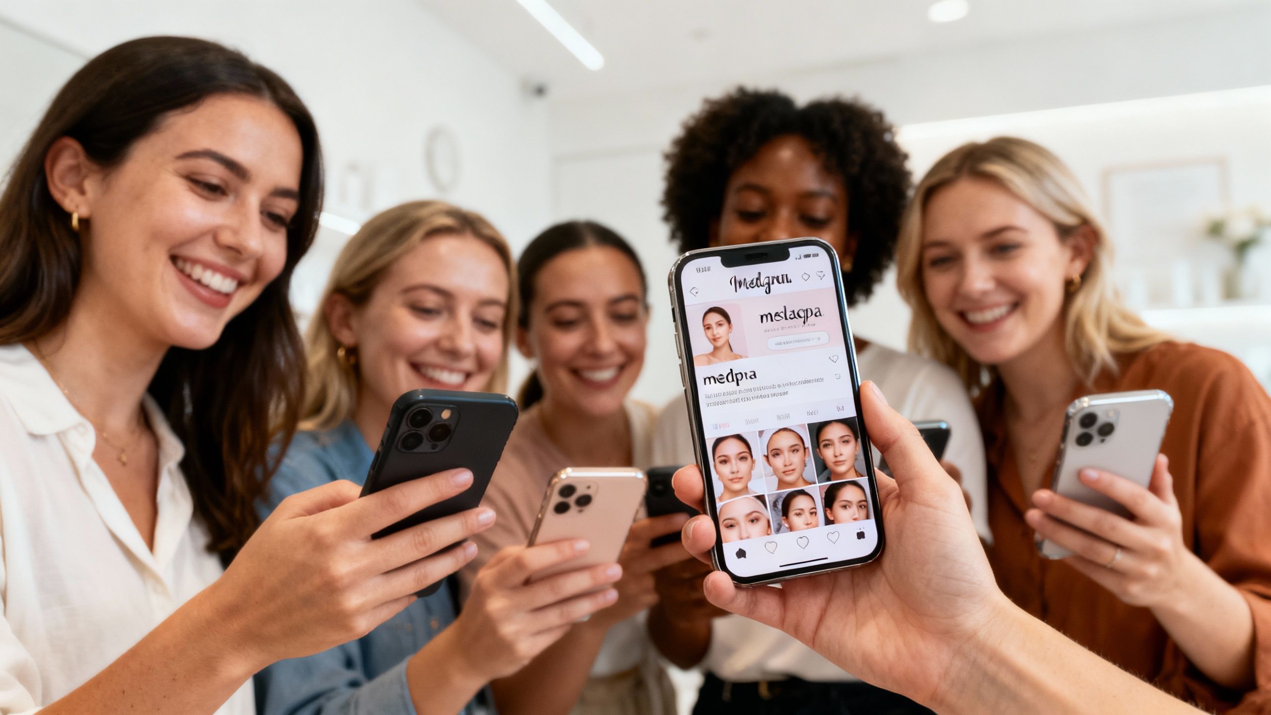 UK medspa clients happily using phones to view Instagram.