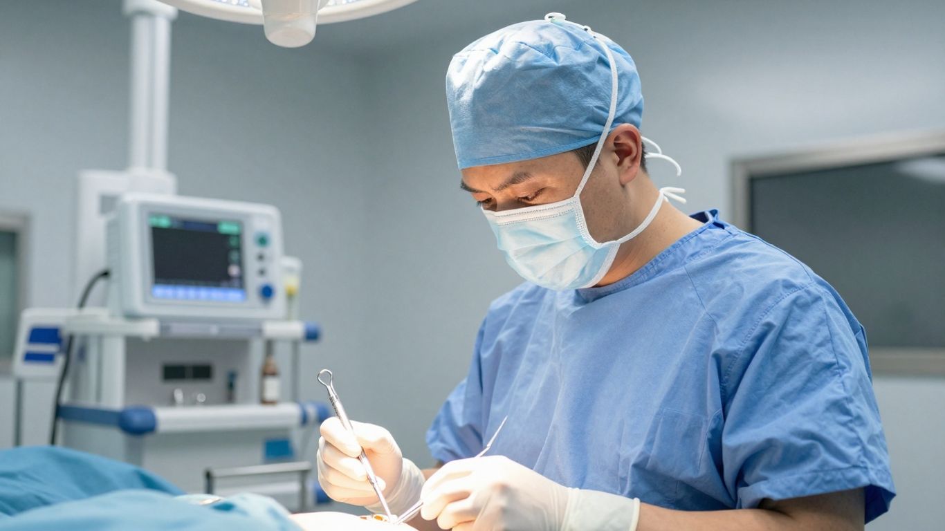 Bariatric surgeon in operating room with medical instruments.