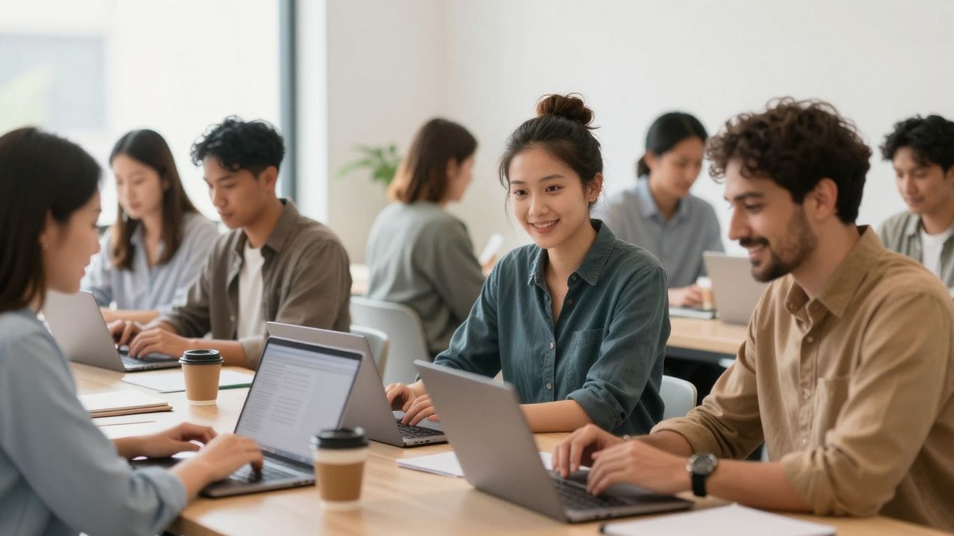 Freelancers working together in a modern co-working space.