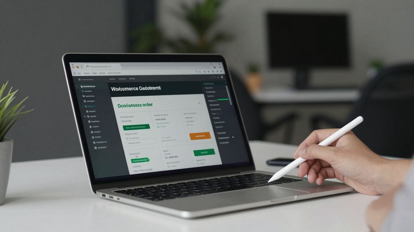 WooCommerce order management dashboard on a laptop screen.