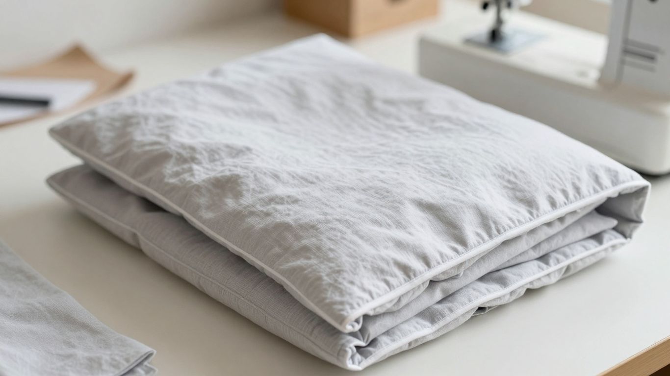 Handmade pillowcase next to sewing supplies.