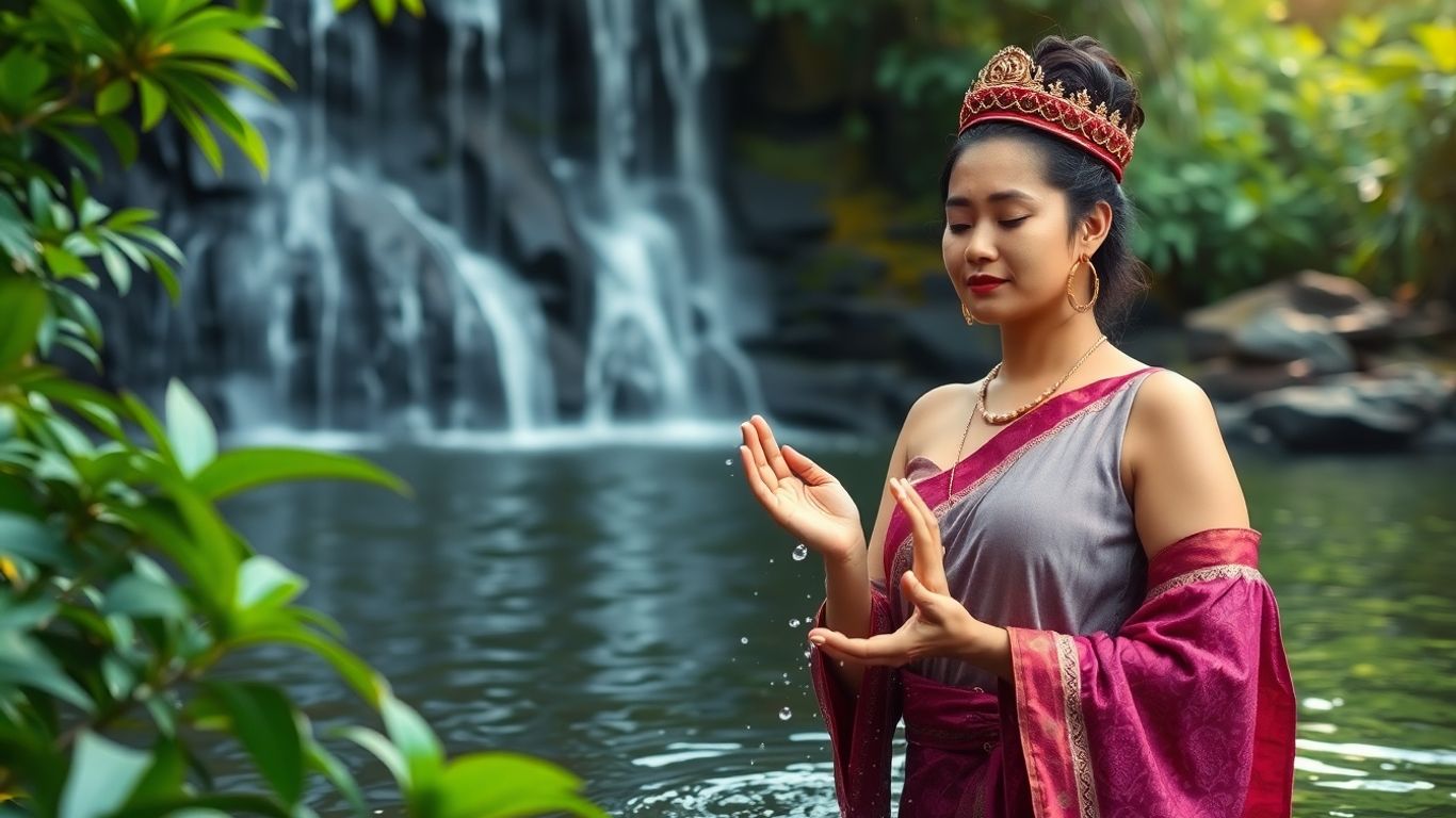 Balinese woman performing spiritual cleansing ritual near waterfall.