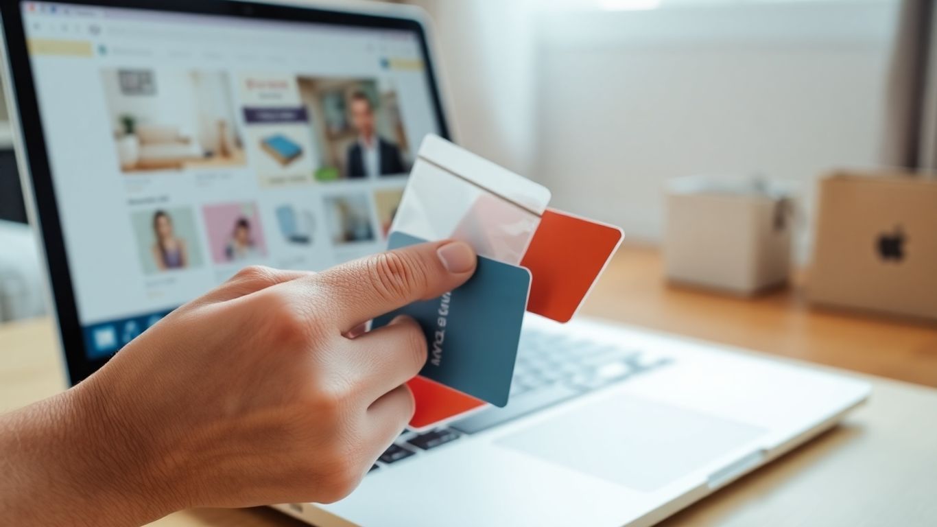 Persoană ținând pachet și card lângă laptop acasă