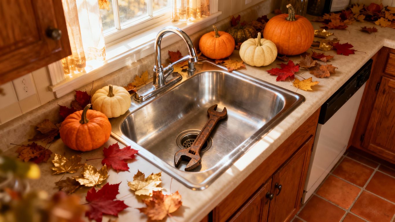 Kitchen sink with fall decor and a wrench.
