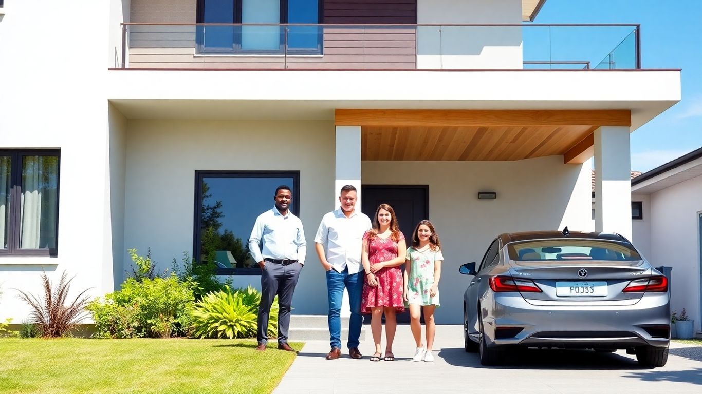 Familia feliz frente a su casa asegurada bajo el sol.