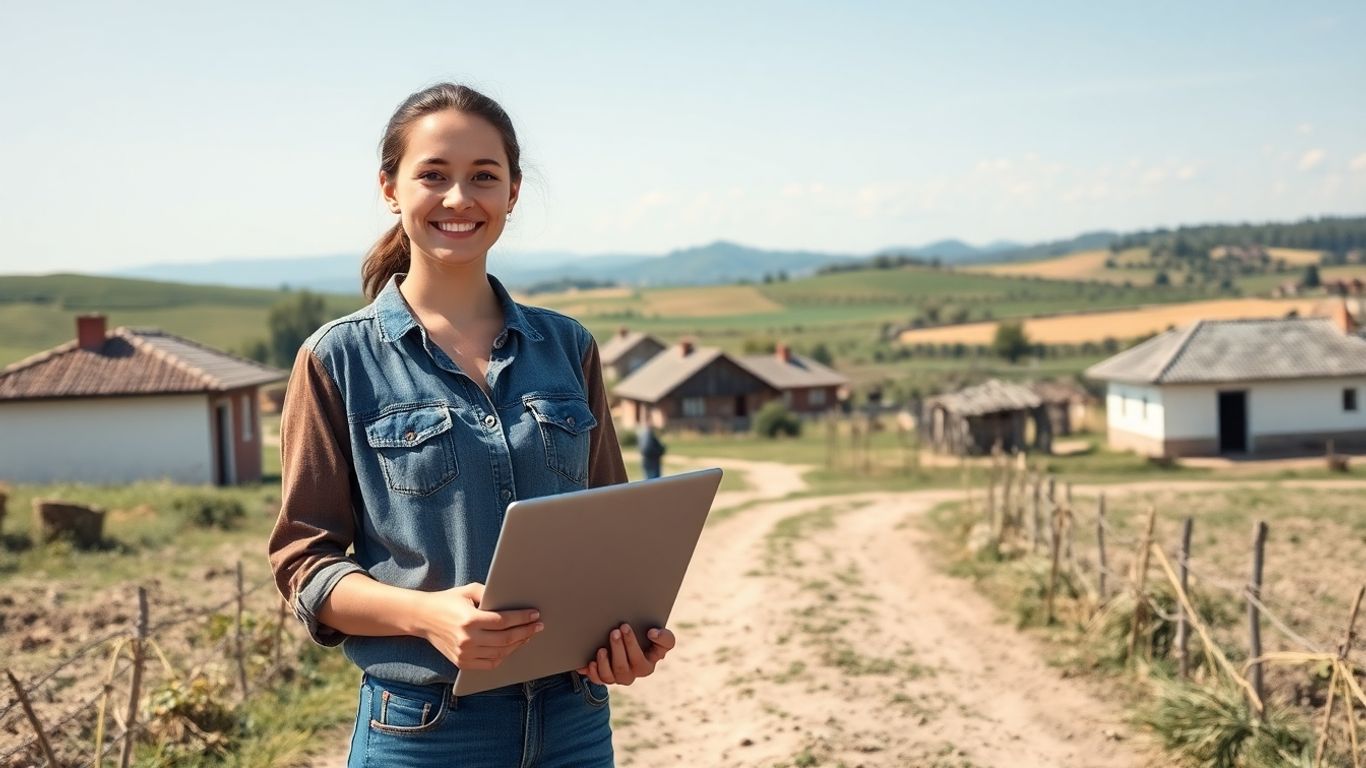 Tânără cu laptop în sat, peisaj rural liniștit