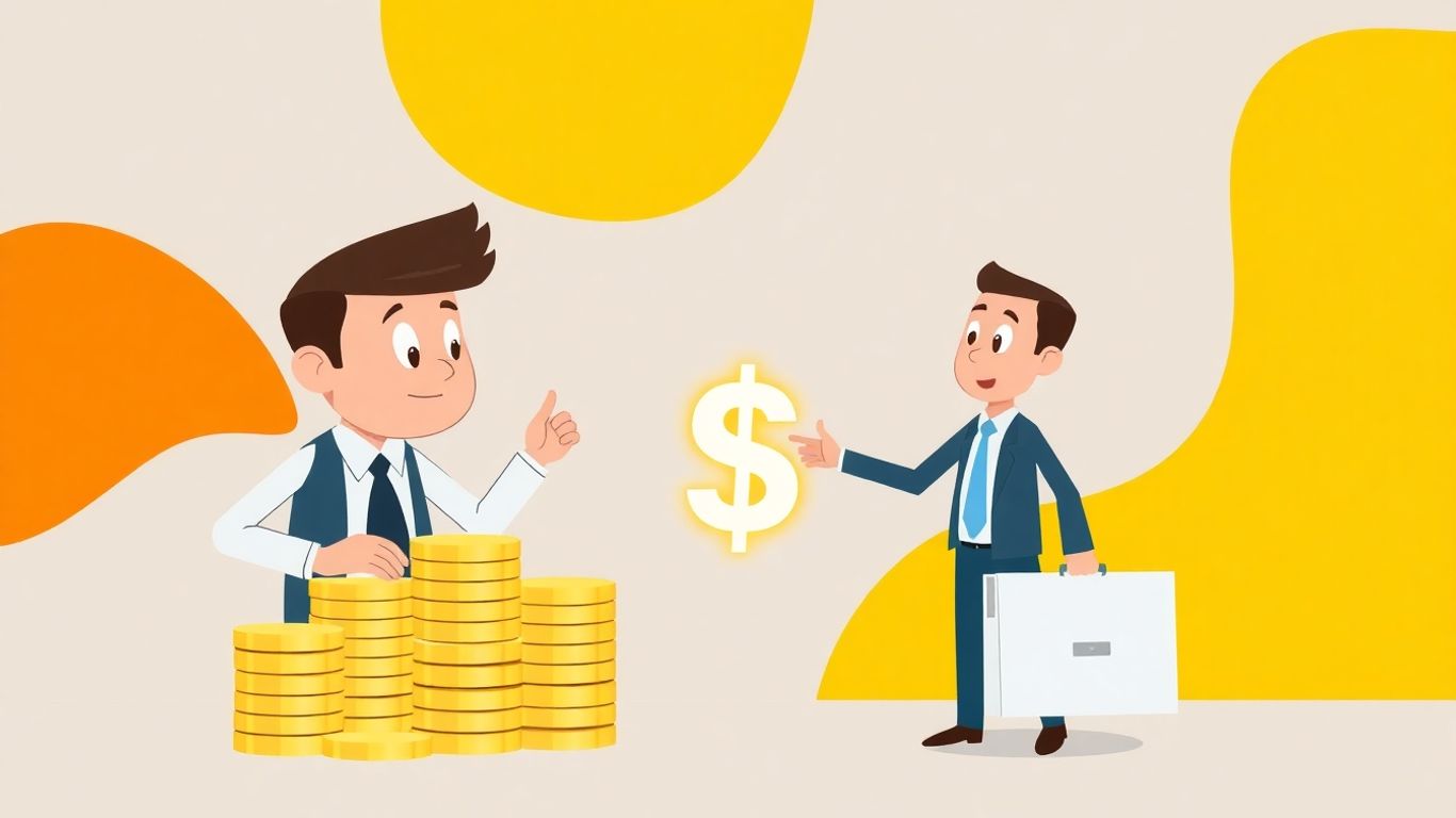 Cartoon businessman with money and dollar sign.