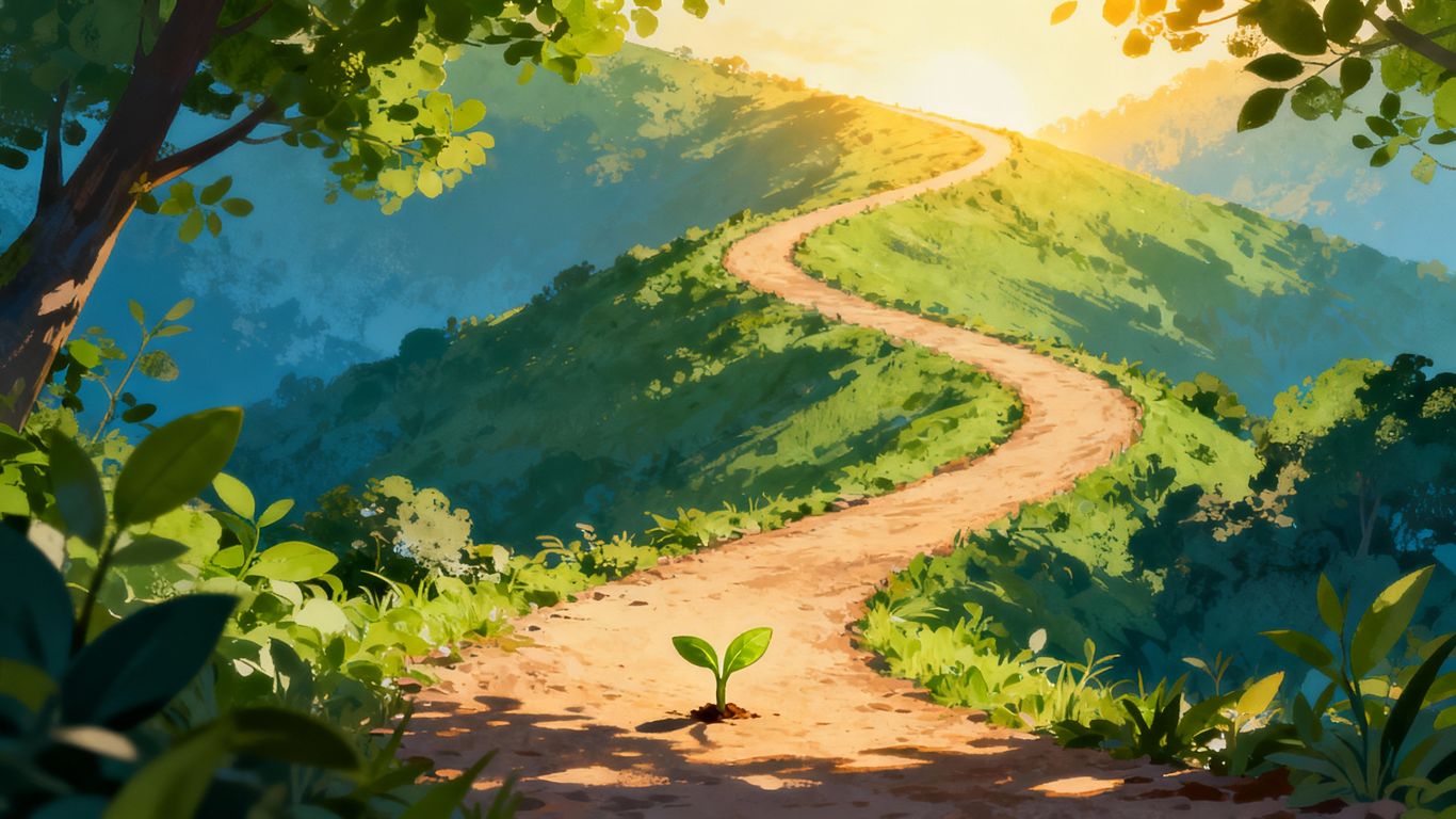 A winding path growing from a sprout to a wide road.