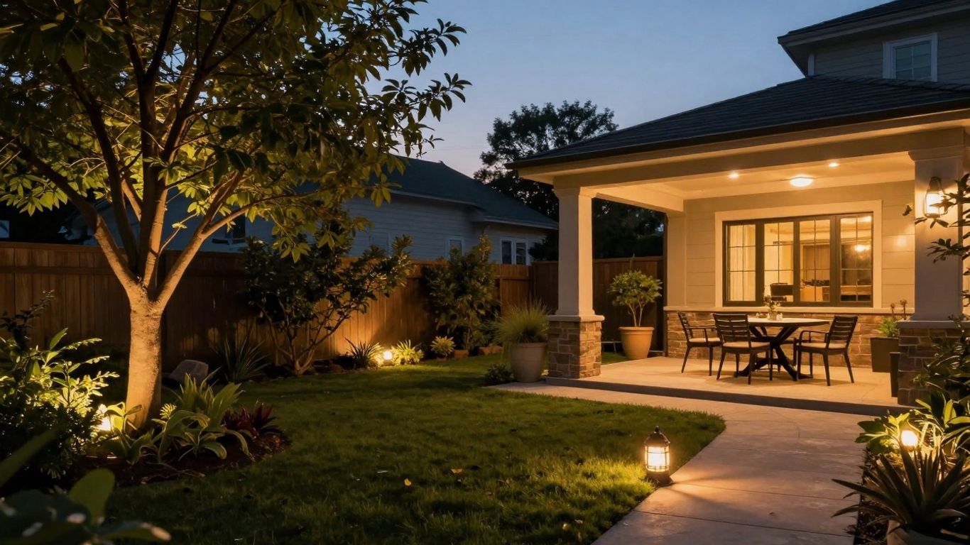 Stylish outdoor lighting illuminating a patio and garden.