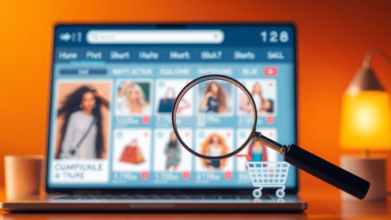 E-commerce product page with magnifying glass and shopping cart.