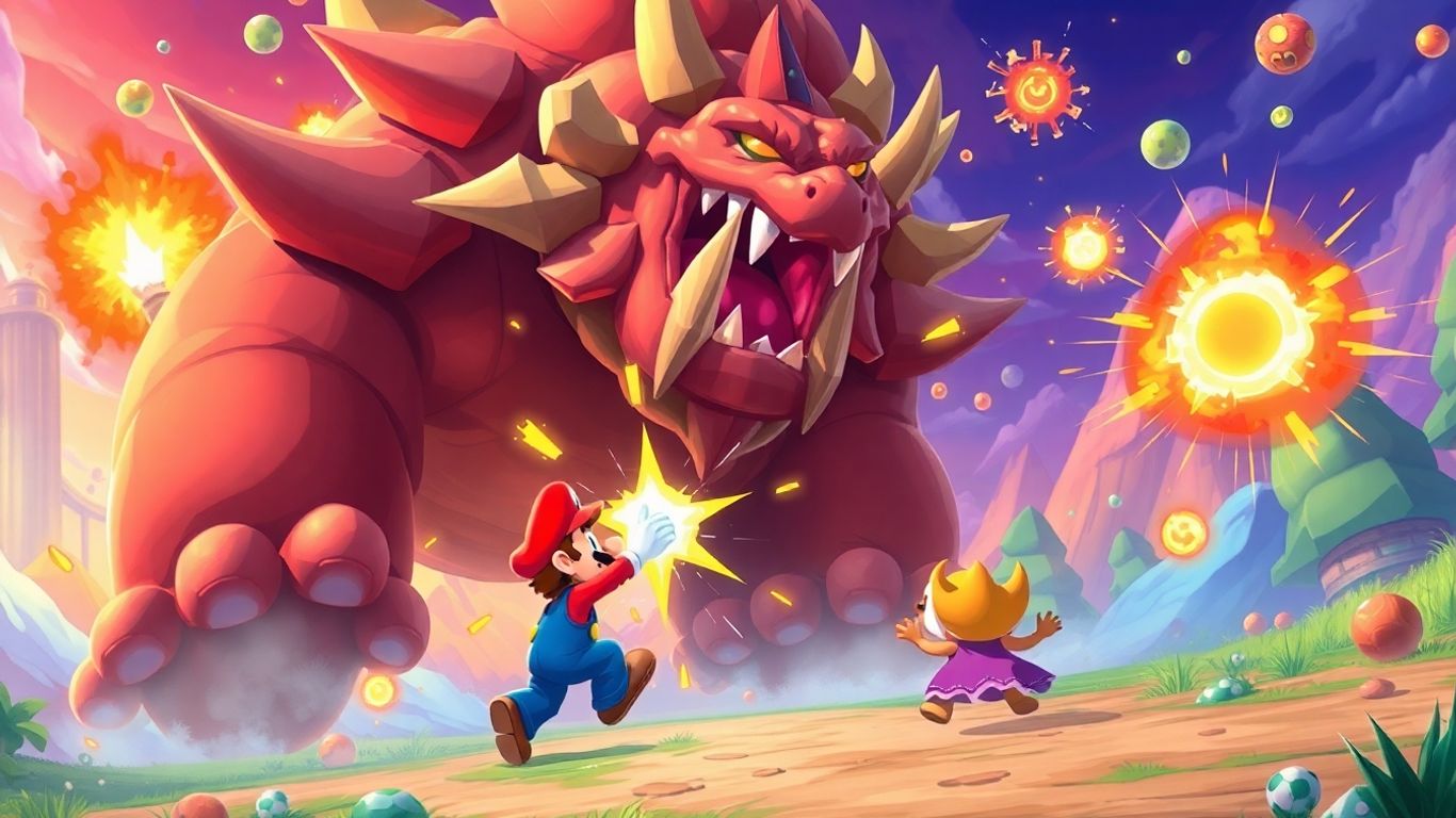 Mario and friends fighting a giant boss in Super Mario RPG.