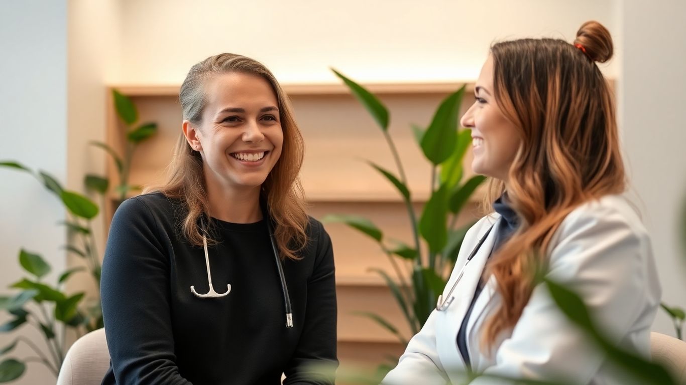 Practitioner consulting with a happy client in a clinic.