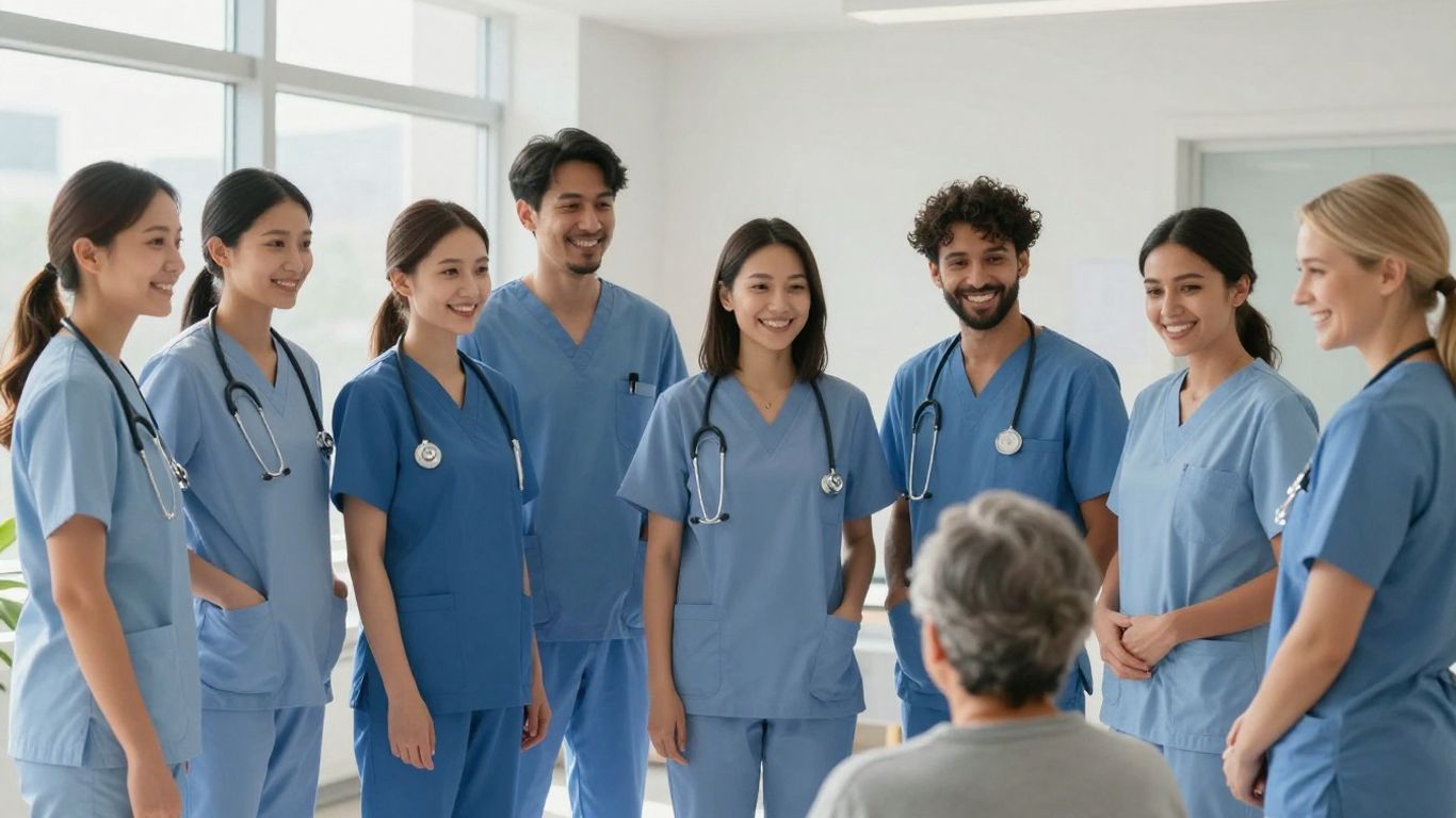 Nursing assistants in scrubs smiling in a healthcare setting.