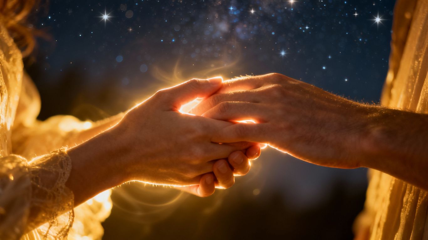 Two hands intertwined under a starry sky.