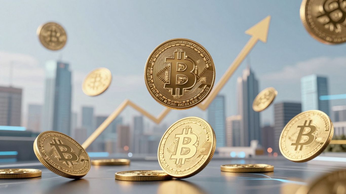 Bitcoin coins rising in a futuristic digital landscape.