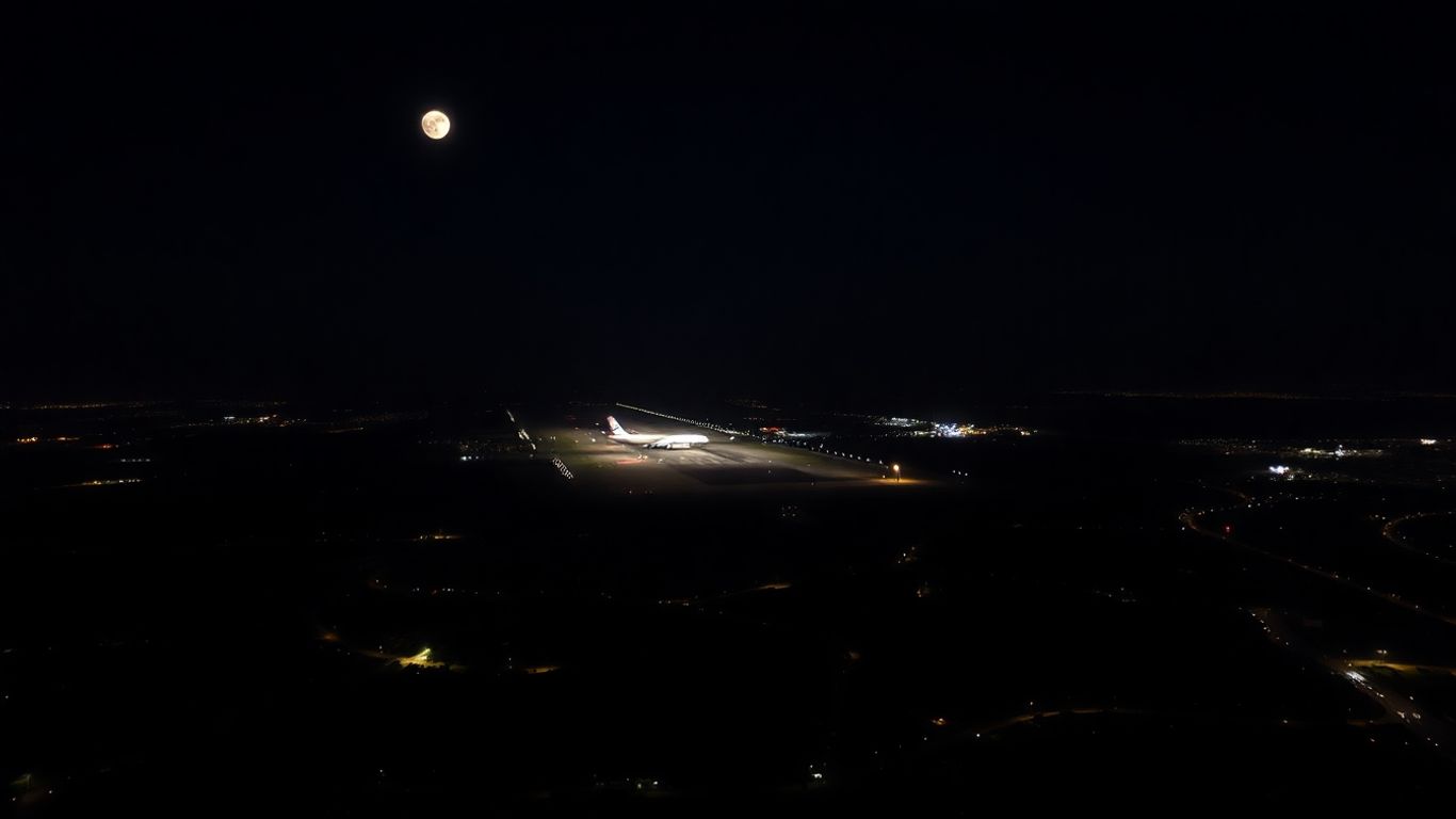 Aéroport Marseille-Provence la nuit, avions, zones résidentielles sombres.